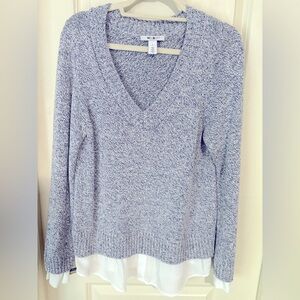 WHBM blue/ white Knit Sweater with faux white shirt at the bottom and sleeves